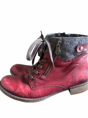 REMONTE Burgundy Leather Lace Up Fleece Lined Boots western Whimsigoth witchy